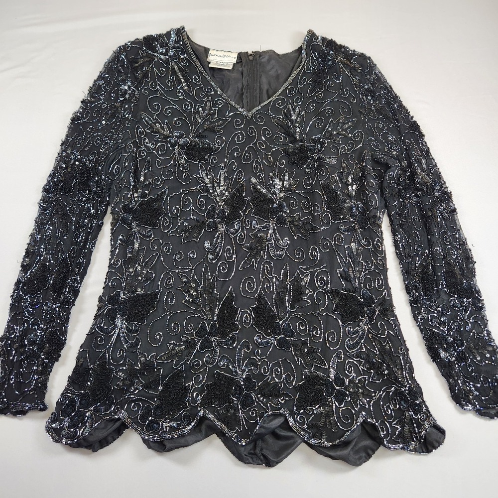 Vintage Stenay 100 % Silk beaded short sleeve black blouse size 1X EUC